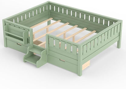 Bellemave Queen Bed with Storage Drawers & Bookshelf, Low Profile Kids Bed Frame with Staircase & Full Length Guardrails, Solid Wood Queen Bed for Kids with Slats Load 550LBS, Easy Assembly, Green