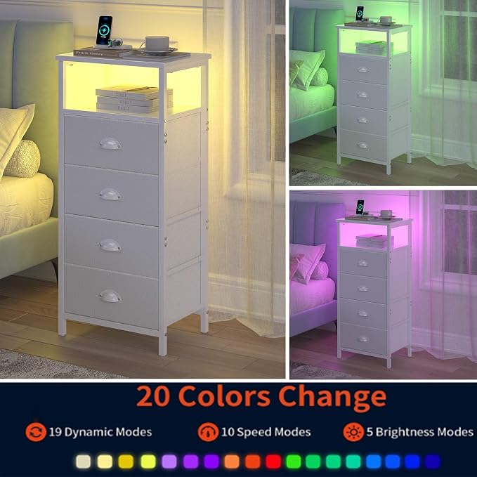 sthmec Nightstand with Charging Station,LED White Nightstand with 4 Fabric Drawers PU Finish, Bedside End Tables, 2-Tier Open Storage Shelf Side Table Nightstand with Drawers for Bedroom,White