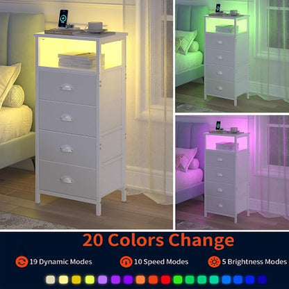 sthmec Nightstand with Charging Station,LED White Nightstand with 4 Fabric Drawers PU Finish, Bedside End Tables, 2-Tier Open Storage Shelf Side Table Nightstand with Drawers for Bedroom,White