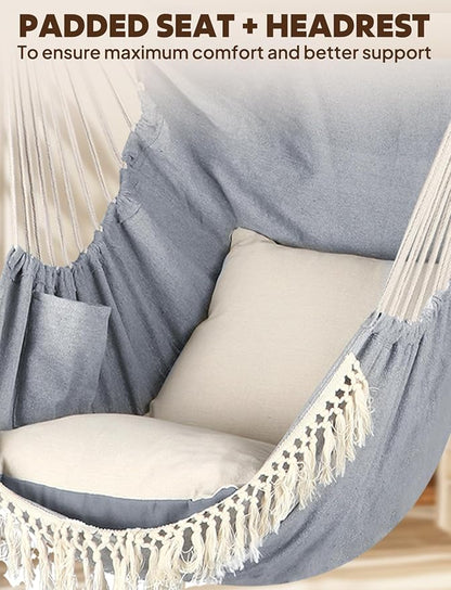 Chihee Hammock Chair Hanging Swing 2 Pillows Included,Strong Webbing Straps and Hooks for Easy Hanging Soft Cotton Hanging Chair Side Pocket Tassel Chair Comfort Indoor Outdoor Light Grey