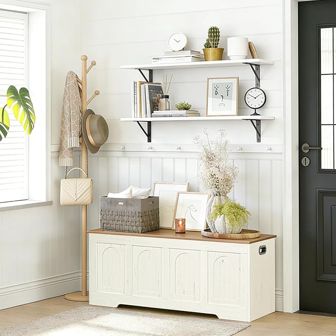 DINZI LVJ Storage Chest, 50” Extra Large Storage Bench with 2 Safety Hinges, Farmhouse Wooden Toy Box with Flip-Top, Large Trunk for Living Room, Playroom, Easy Assembly, Honey Brown and Rustic White