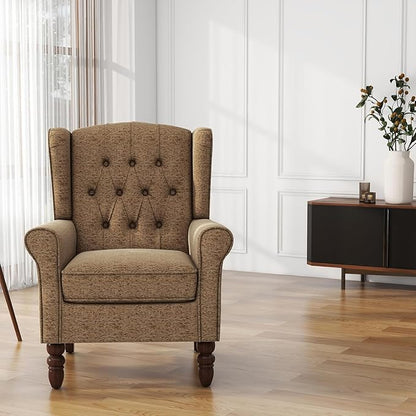 High Back Accent Chair, Fabric Wingback Chair Upholstered Armchair for Living Room, Retro Comfy Single Sofa Bedroom Reading Seat with Solid Wood Legs - Brown