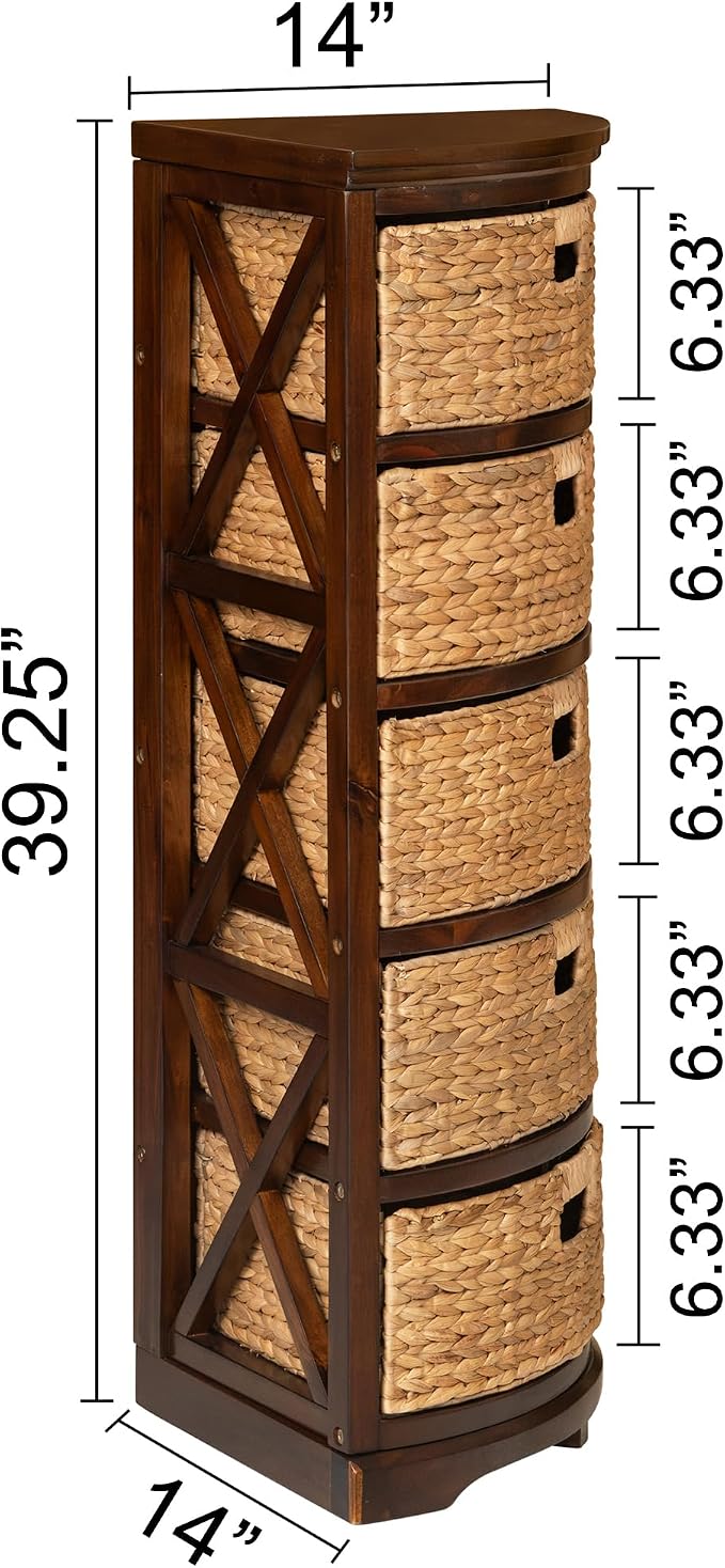 eHemco Hampton Meadows 5 Tier X-Side Corner Storage Cabinet, Walnut | 5 Wicker Baskets