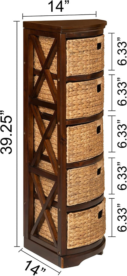 eHemco Hampton Meadows 5 Tier X-Side Corner Storage Cabinet, Walnut | 5 Wicker Baskets