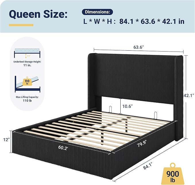 Allewie Queen Size Lift-Up Storage Bed Frame with Modern Wingback Headboard, Corduroy Upholstered Platform Bed, Hydraulic Gas Lift Support, Underbed Storage, Wooden Slats, No Box Spring Needed, Black