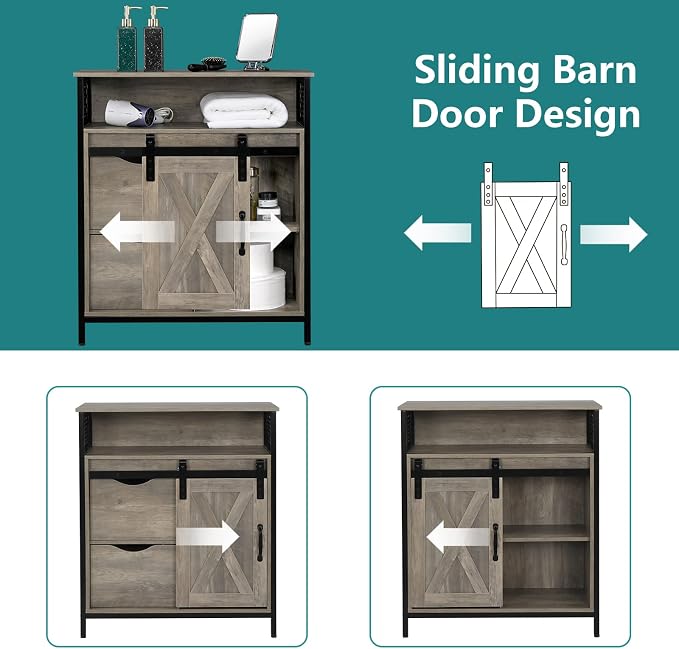 VINGLI Farmhouse Bathroom Floor Storage Cabinet, Rustic Freestanding Cabinet Organizer w/Sliding Barn Door, 2 Large Drawers and Adjustable Shelves (Wash Grey)