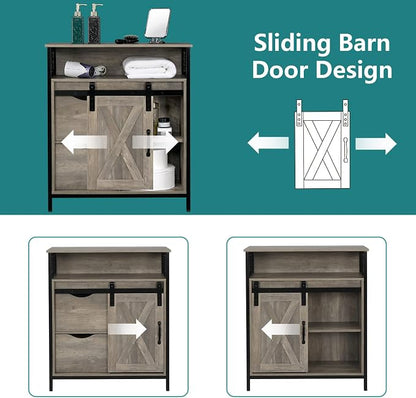 VINGLI Farmhouse Bathroom Floor Storage Cabinet, Rustic Freestanding Cabinet Organizer w/Sliding Barn Door, 2 Large Drawers and Adjustable Shelves (Wash Grey)