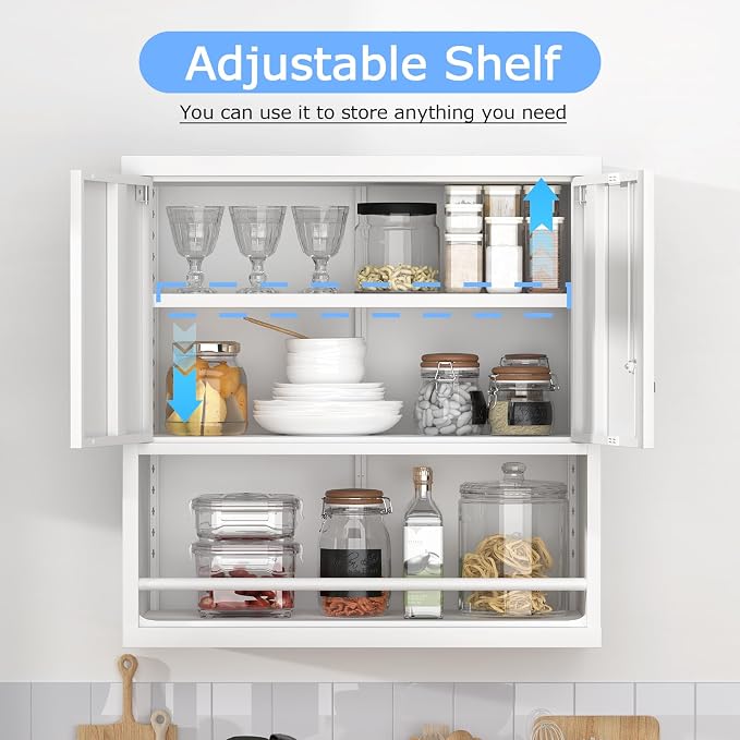 Metal Wall Cabinet, Steel Floating Hanging Storage Cabinet with Locking Doors and Adjustable Shelf for Garage, Basement, Kitchen, Warehouse Assembly Required, White