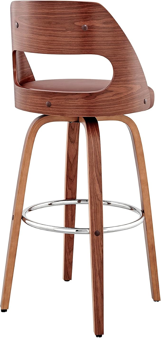 Armen Living Julius Mid Century Modern Swivel Bar Stool for Kitchen Island Counter in Brown Faux Leather and Walnut Wood, 26" Seat Height