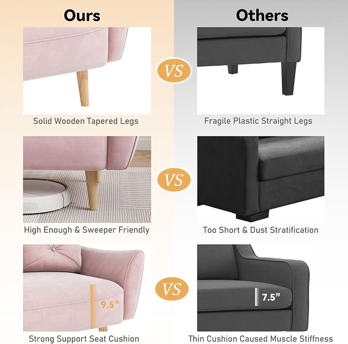 Brelice Loveseat Sofa, 47" Velvet Couch for Bedroom, Convertible Wooden Tray & Ergonomic Armrest, for Small Space, Apartment, Living Room, Home Office, Easy Assembly, Pink
