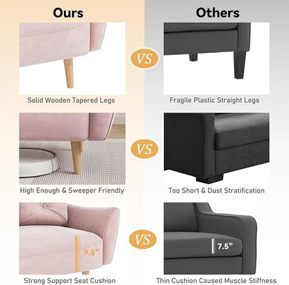 Brelice Loveseat Sofa, 47" Velvet Couch for Bedroom, Convertible Wooden Tray & Ergonomic Armrest, for Small Space, Apartment, Living Room, Home Office, Easy Assembly, Pink