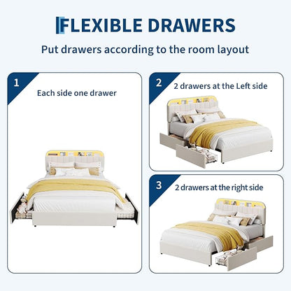 Garvee Full Size Bed Frame with 2 Flexible Drawers, Velvet Upholstered Platform Bed Frame with Bookcase Headboard and LED Lights, Kids Bed for Girls, Easy Assembly, Noise Free, Beige