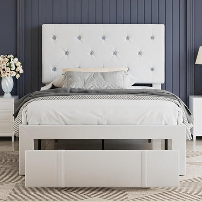 VECELO Twin Size Bed Frame with Storage Drawers, Leather Upholstered with Diamond Tufted Headboard, Solid Wood Slat Support, No Box Spring Needed, PU & White