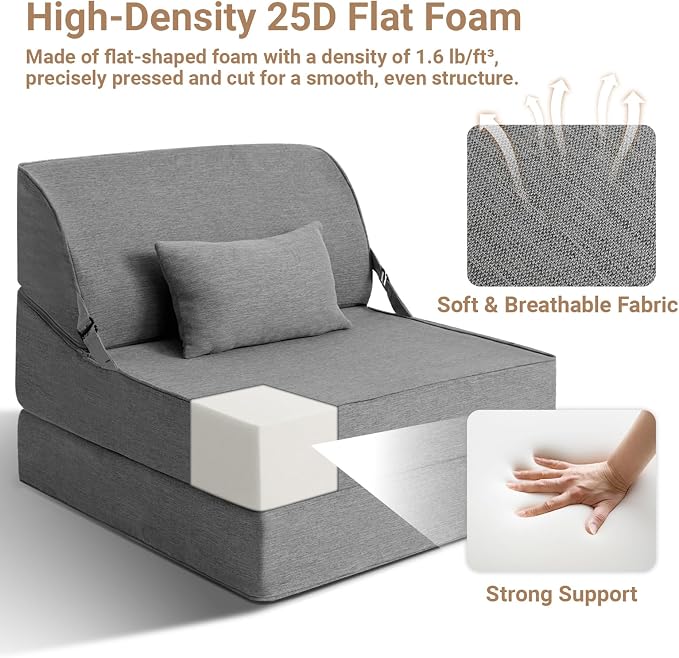 BeBen Folding Sofa Bed Chair, Convertible Sleeper Chair Futon Couch, Foldable Boneless Floor Lounge Sofa, Single Foam Chair Bed for Small Spaces, Dorm, Guest Room, Living Room, Apartment, Dark Grey