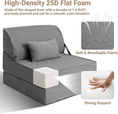 BeBen Folding Sofa Bed Chair, Convertible Sleeper Chair Futon Couch, Foldable Boneless Floor Lounge Sofa, Single Foam Chair Bed for Small Spaces, Dorm, Guest Room, Living Room, Apartment, Dark Grey