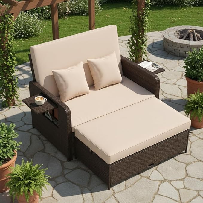 Tangkula Patio Rattan Daybed with 4-Level Adjustable Backrest, Outdoor PE Wicker Loveseat with Storage Ottoman & Folding Side Tray, Double Sunbed Lounger for Balcony, Backyard & Poolside