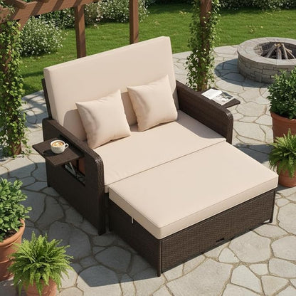 Tangkula Patio Rattan Daybed with 4-Level Adjustable Backrest, Outdoor PE Wicker Loveseat with Storage Ottoman & Folding Side Tray, Double Sunbed Lounger for Balcony, Backyard & Poolside