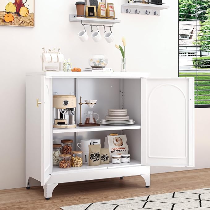 SteeLoong Metal Sideboard Buffet Cabinet with Storage,33 Inch Coffee Bar Cabinet with Adjustable Shelf, White Kitchen Sideboard Cabinets for Dining Room, Living Room