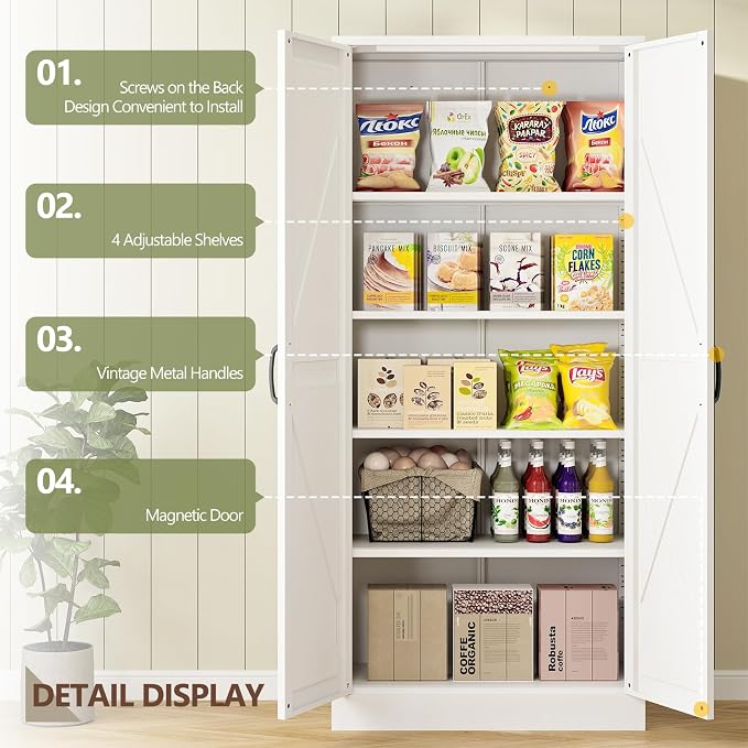 RAVIGIN Farmhouse Storage Cabinet,61" H Metal Pantry Cabinet with Barn Doors and Adjustable Shelves,61" H 4-Tier Rustic Pantry Organizers for Kitchen,Dining Room,White