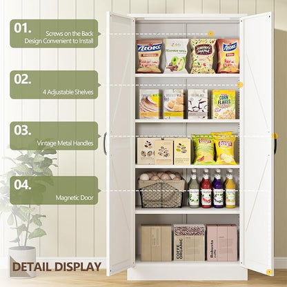 RAVIGIN Farmhouse Storage Cabinet,61" H Metal Pantry Cabinet with Barn Doors and Adjustable Shelves,61" H 4-Tier Rustic Pantry Organizers for Kitchen,Dining Room,White