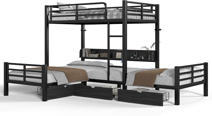Bellemave L-Shape Triple Bunk Bed with 3 Storage Drawers and Shelves for 3,Metal Bunk Beds Twin Over Twin with Charging Station & LED Lights for Kids,Teens,Adults,Black
