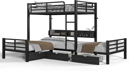 Bellemave L-Shape Triple Bunk Bed with 3 Storage Drawers and Shelves for 3,Metal Bunk Beds Twin Over Twin with Charging Station & LED Lights for Kids,Teens,Adults,Black