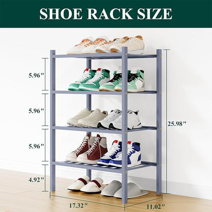 Smiry Small Bamboo Shoe Rack, 4 Tier Free Standing Wooden Shoe Organizer, Stackable Wood Shoe Storage Shelf for Closet, Entryway, 12 Vertical Slats, 2+2 Stack Standard Legs, 17.3"x11"x26", Grey