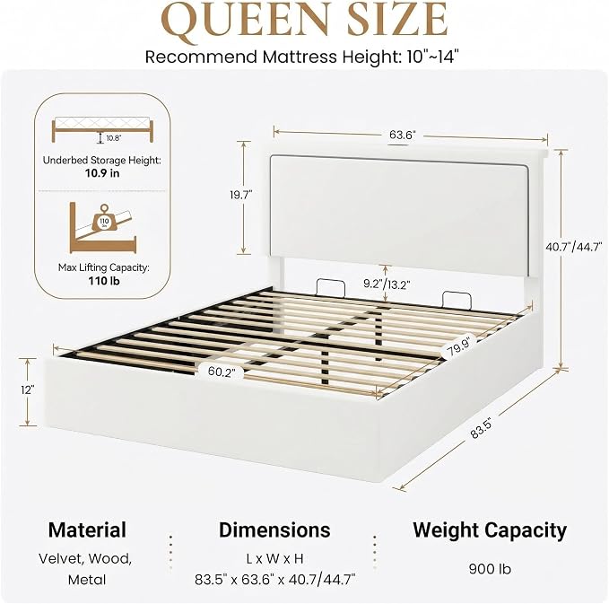 SHA CERLIN Queen Size Hydraulic Lift-Up Storage Platform Bed Frame with Charging Station, RGB LED Lights, Adjustable Velvet Headboard, USB-A and USB-C Ports, No Box Spring Needed, White