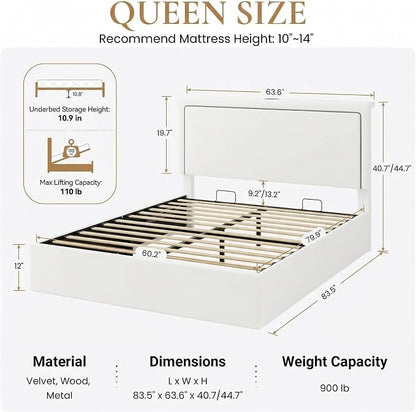 SHA CERLIN Queen Size Hydraulic Lift-Up Storage Platform Bed Frame with Charging Station, RGB LED Lights, Adjustable Velvet Headboard, USB-A and USB-C Ports, No Box Spring Needed, White
