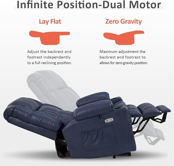 MCombo Large Dual Motor Power Lift Recliner Chair for Elderly, Zero Gravity Lift Chair with Heat and Massage, Infinite Position Lay Flat Recliner, USB Ports, Faux Leather 7896 (Blue, Large)