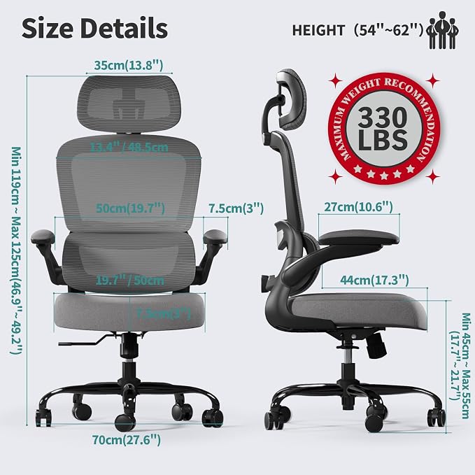 TRALT Office Chair Ergonomic Desk Chair, 330 LBS Home Mesh Office Desk Chairs with Wheels, Comfortable Gaming Chairs (1, Black Grey)