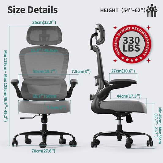 TRALT Office Chair Ergonomic Desk Chair, 330 LBS Home Mesh Office Desk Chairs with Wheels, Comfortable Gaming Chairs (1, Black Grey)