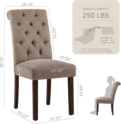 COLAMY Button Tufted Dining Chairs Set of 2, Parsons Upholstered Fabric Dining Room Chairs Kitchen Chairs with Wood Legs and Padded Seat, Taupe