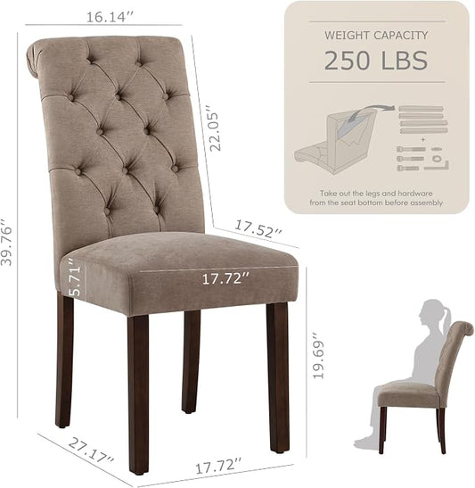 COLAMY Button Tufted Dining Chairs Set of 2, Parsons Upholstered Fabric Dining Room Chairs Kitchen Chairs with Wood Legs and Padded Seat, Taupe