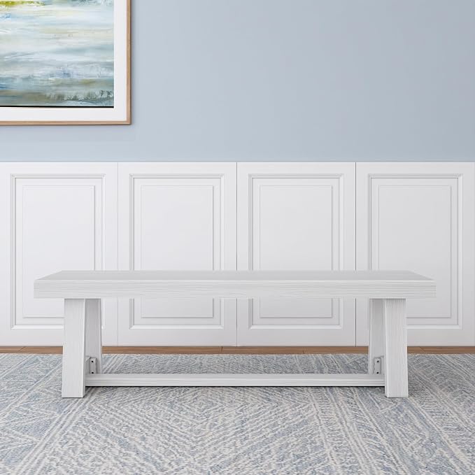 Plank+Beam 60 Inch Farmhouse Dining Bench, Solid Wood Entryway Bench, Wooden Outdoor Bench, Kitchen Dining Seat, Dining Room, Home Office, Living Room Furniture, Easy Assembly, White Wirebrush