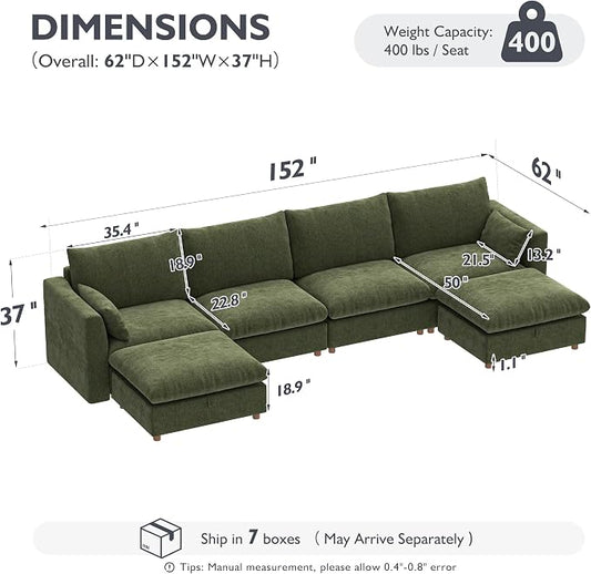 Ihanherry 152" Oversized Modular Sectional Sofa, Modern U Shaped Cloud Couch with 2 Storage Ottoman, 6-Seat Comfy Chenille Deep Seat Sofa with 2 Pillows for Living Room, Green