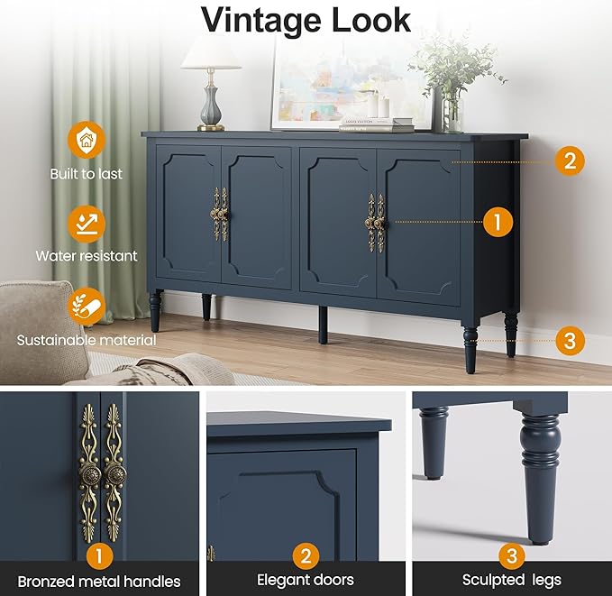 RoyalCraft 118" Buffet Cabinet with Storage, Vintage Sideboard with Adjustable Shelves, Mid Century Modern Painted Credenza Coffee Bar for Kitchen, Dining Room, Entryway, Living Room, Navy Blue