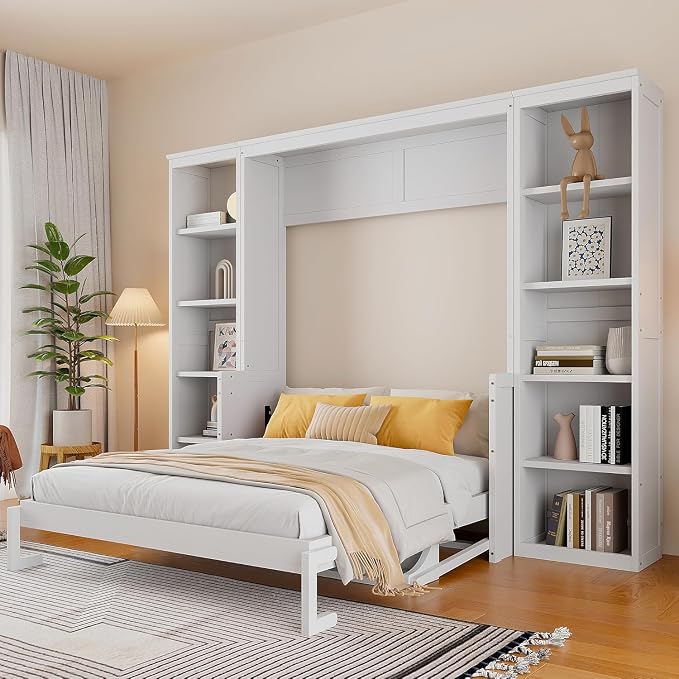 MERITLINE Queen Murphy Bed with Desk and Storage Bookcase,Wood Murphy Wall Bed Cabinet with with Storage Shelves Cabinet for Adults (Queen,White)