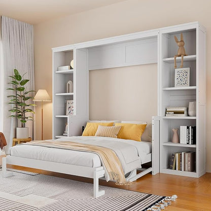 MERITLINE Queen Murphy Bed with Desk and Storage Bookcase,Wood Murphy Wall Bed Cabinet with with Storage Shelves Cabinet for Adults (Queen,White)