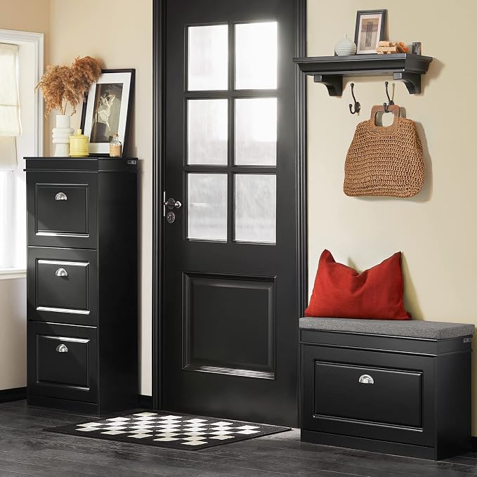 SoBuy Tiny Shoe Storage Bench, Narrow Shoe Cabinet for Entryway, Small Shoe Rack with Cushion&2 Tiers Flip-Drawer, Closet Hallway Mudroom White FSR82-K-SCH