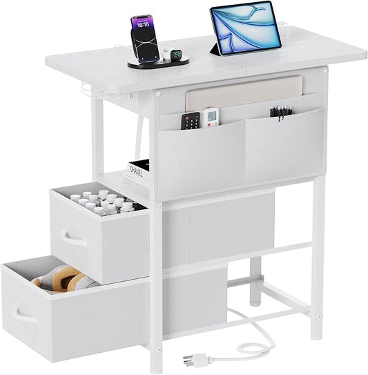 Yenlure Small Side Table with Charging Station, Narrow Nightstand Bedside Tables with Storage Pocket for Living Room Bedroom, Sofa End Table with USB Ports and Power Outlets for Small Spaces