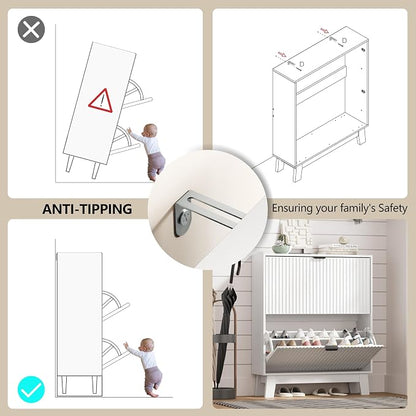 HUANLEGO Shoe Cabinet Storage for Entryway with 2 Flip Drawers, Fluted Narrow Shoe Organizer with Wooden Legs, Freestanding Slim Shoe Storage Hidden Shoe Rack Organizer for Front Door Entrance, White