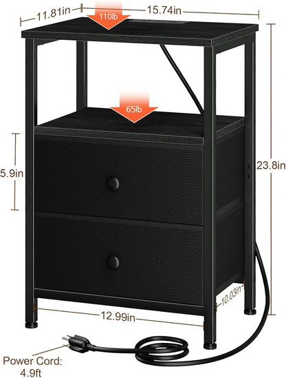 LOAKEKEL Night Stand, Nightstand with Charging Station, Slim Industrial Bedside Table with 2 Fabric Drawers, Small End Table with USB & Type-C Ports for Bedroom, Black, HETS020BK-1