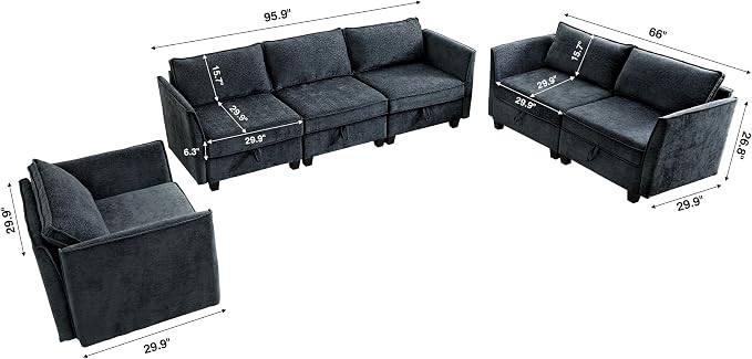 ORRD 3 Piece Modular Sectional Sofa Set, Convertible Couch with Storage, Sofa Modular for Living Room, Office (Blue Grey)
