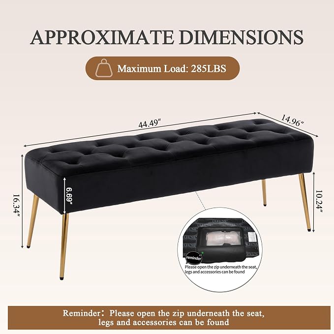 DUHOME Button-Tufted Ottoman Bench, Upholstered Bedroom Benches Velvet Footrest Stool Accent Bench for Entryway Dining Room Living Room Bedroom End of Bed, Black