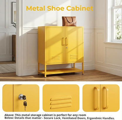 Yellow Lockable Metal Shoe Cabinet, Freestanding Accent Storage Cabinet with Adjustable Shelves, Multipurpose Storage Rack for Hallway Entryway Living Room 33" H X 29.5" W X 13.8" D