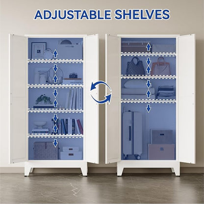 COFaR Metal Pantry Cabinet with Doors, Farmhouse 71'' Tall Storage Cabinet with 4 Adjustable Shelves, Kitchen Pantry Cabinet for Dinning Room, Laundry, Bathroom, Garage, White 5-Tier
