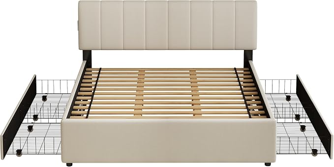 King Size Upholstered Platform Bed with 4 Storage Drawers | 4 Storage Drawers, USB/Type-C Charging,APP-Controlled LED Lights,No Box Spring Needed,Beige Chenille Fabric,Easy to Assemble
