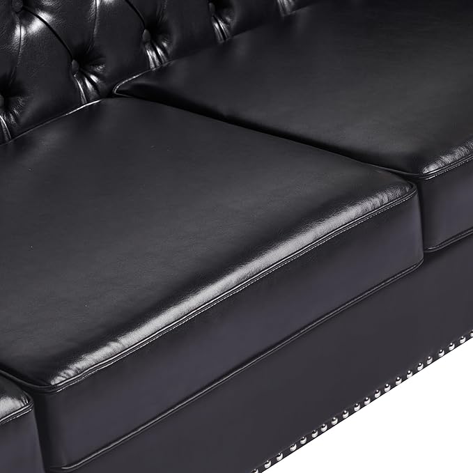 LEVNARY Chesterfield Loveseat Leather, Upholstered Sofa with Button-Tufted Back, Mid-Century Modern Sofa with Solid Wood Legs, 2 Seater Couches for Living Room (Black)