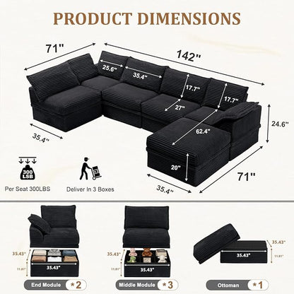 Upgrade Boneless Couch with Storage, Extra Deep&High Seat Modular Sectional Sofa 5 Seater U Shaped Couch with Ottoman, Tool-Free Assembly Sectional Couches for Living Room